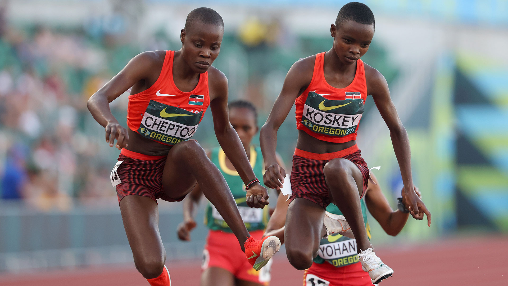 Kenyan athletes Anatasha Cheptoo and Mercy Chepngeno Koskey compete in the women’s 3,000m steeplechase at the 2026 World Athletics U20 Championships in Eugene, Oregon.