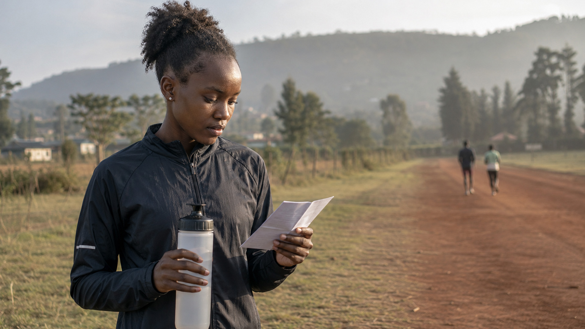 A woman athlete standing beside an outdoor running track, holding a water bottle and reading an information leaflet.